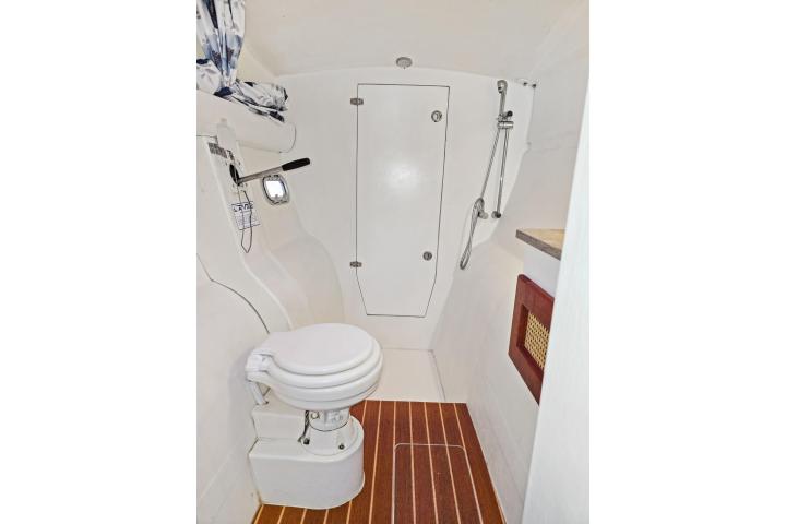 Compact boat bathroom with toilet, showerhead, and wood floor.